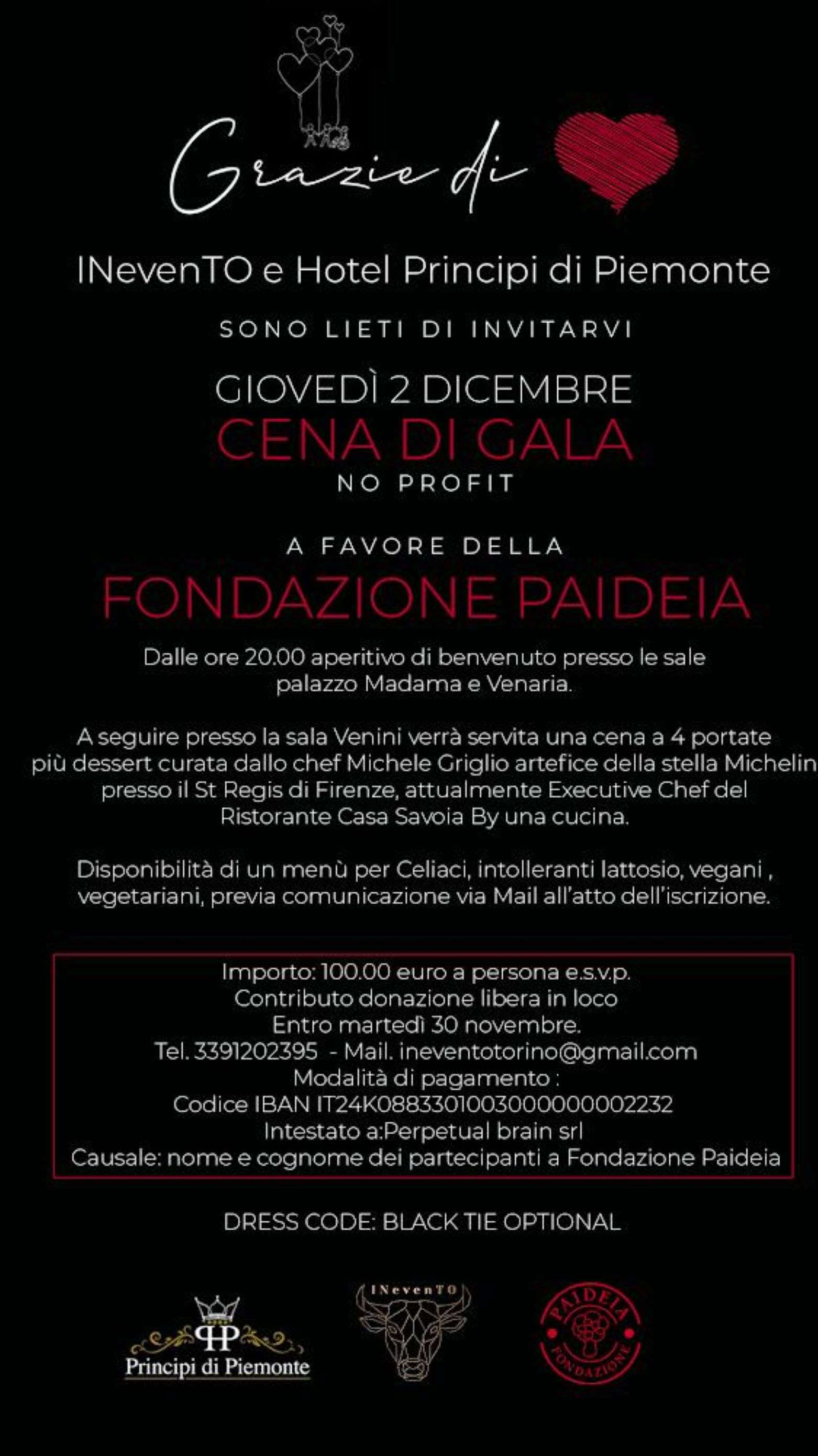 Cena di gala e solidarietà questa sera al Principi di Piemonte per la Fondazione Paideia