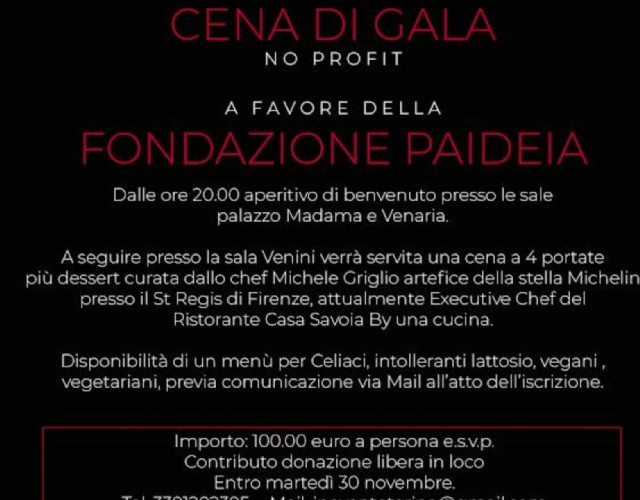 Cena di gala e solidarietà questa sera al Principi di Piemonte per la Fondazione Paideia